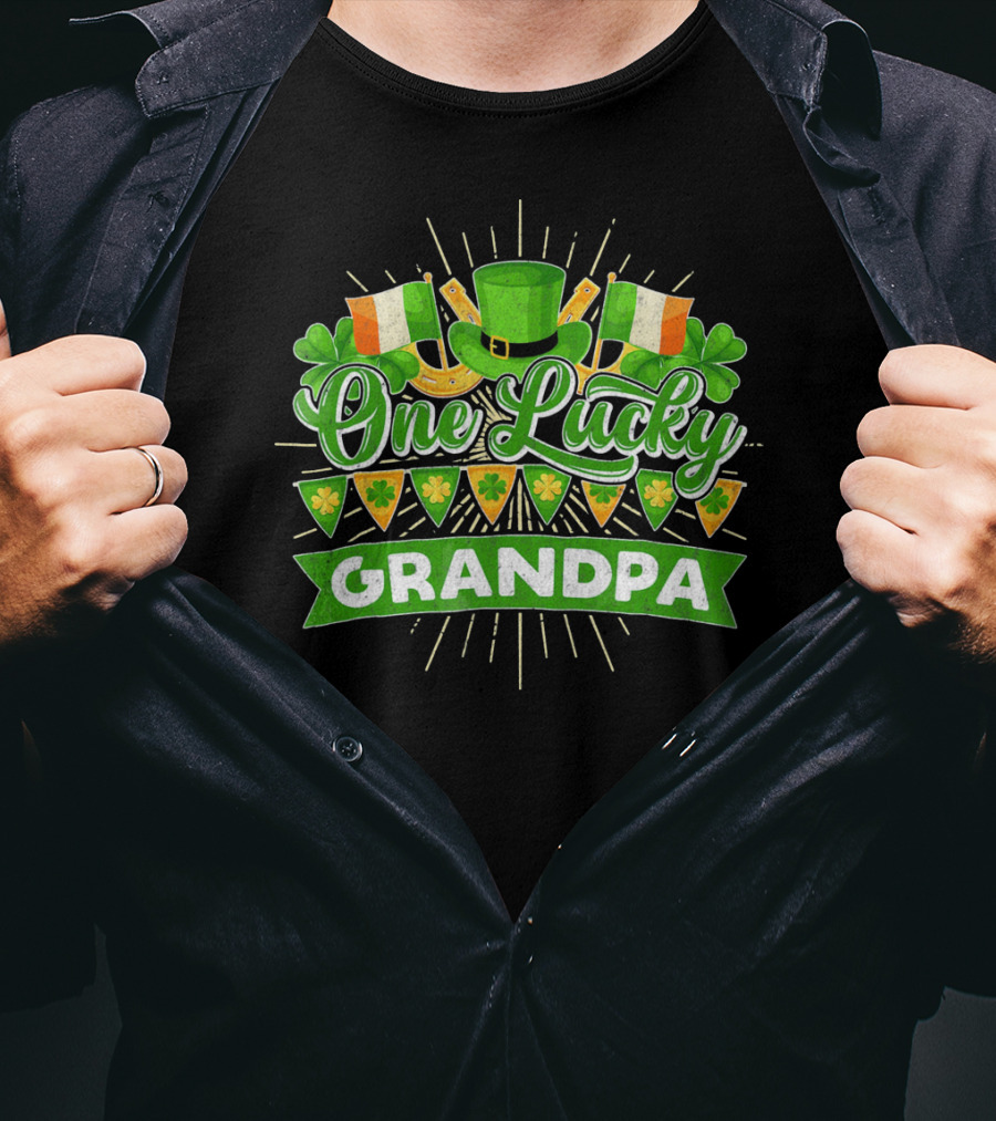St Patricks Day One Lucky Grandpa Irish Flags Shamrocks And Leprechaun Hat T-Shirt