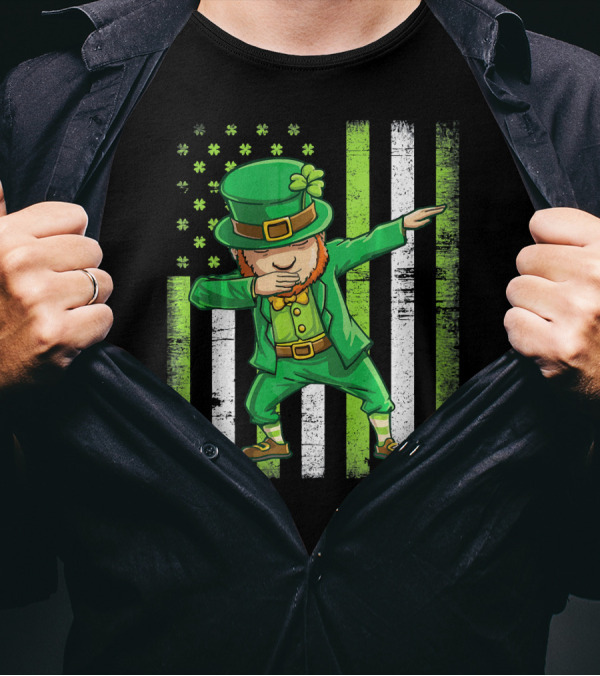 Leprechaun Dabbing With Shamrock Irish Flag Stripes T-Shirt