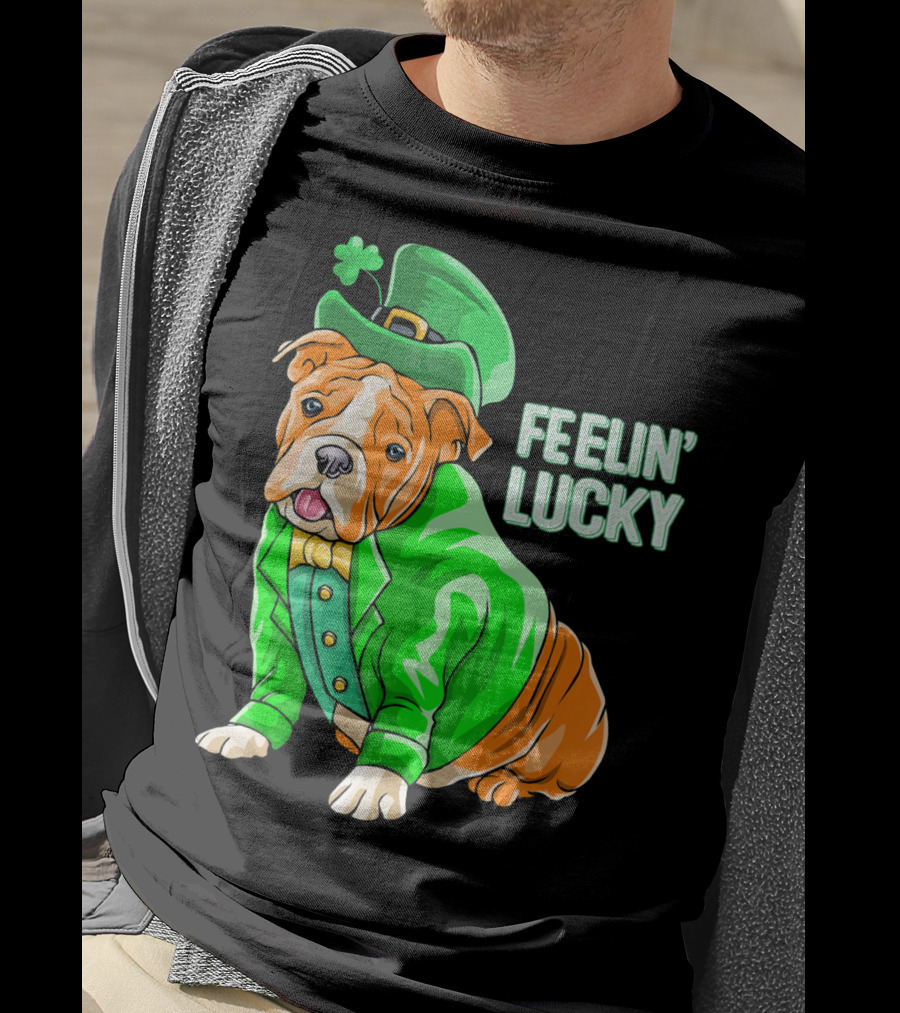 Feelin' Lucky Bulldog In Green Leprechaun T-Shirt