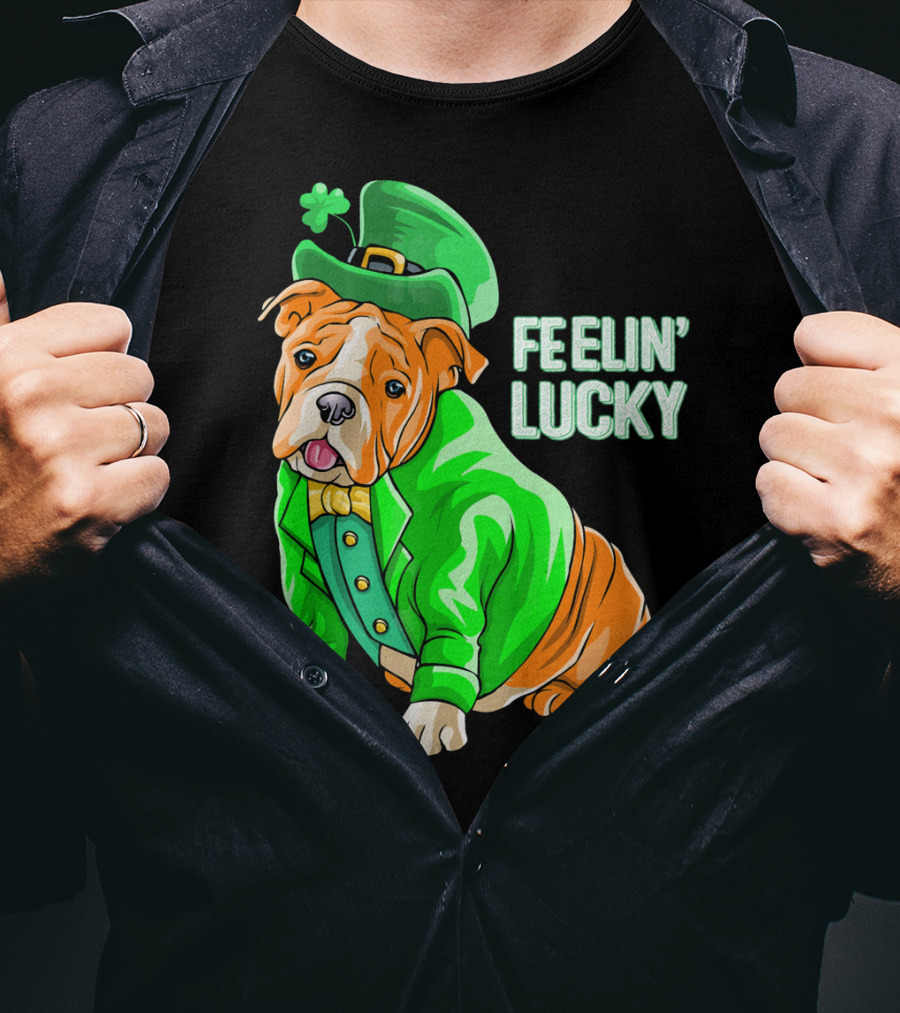Feelin' Lucky Bulldog In Green Leprechaun T-Shirt