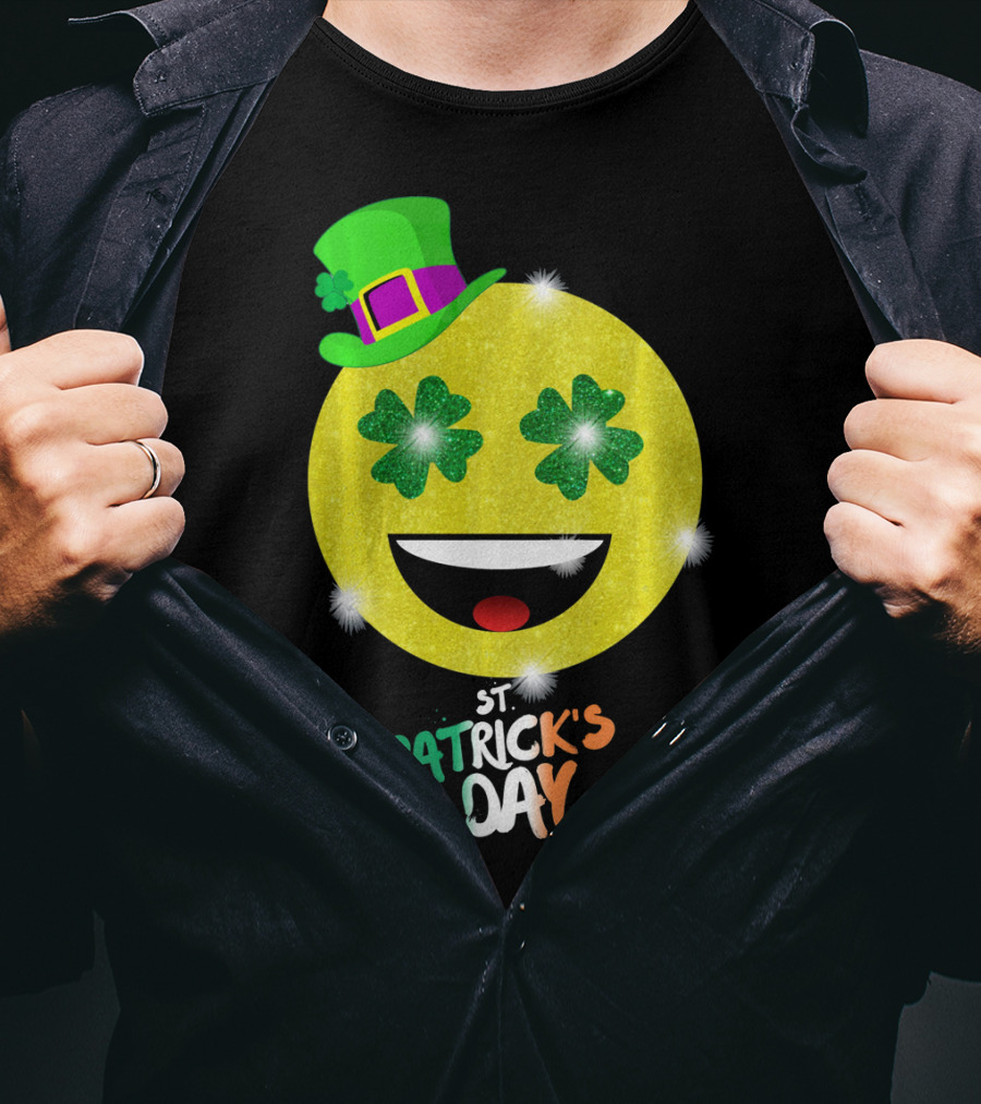 St. Patrick's Day Emoji With Green Hat And Shamrock Eyes T-Shirt