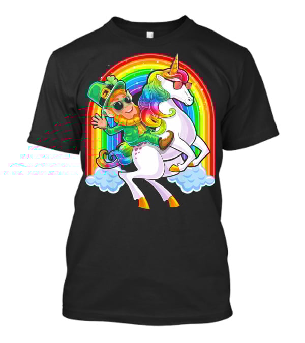 St Patricks Day Rainbow Unicorn And Leprechaun Riding Clouds T-Shirt