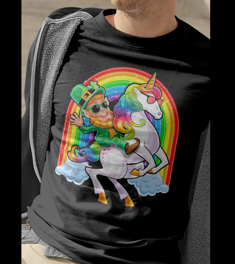 St Patricks Day Rainbow Unicorn And Leprechaun Riding Clouds T-Shirt