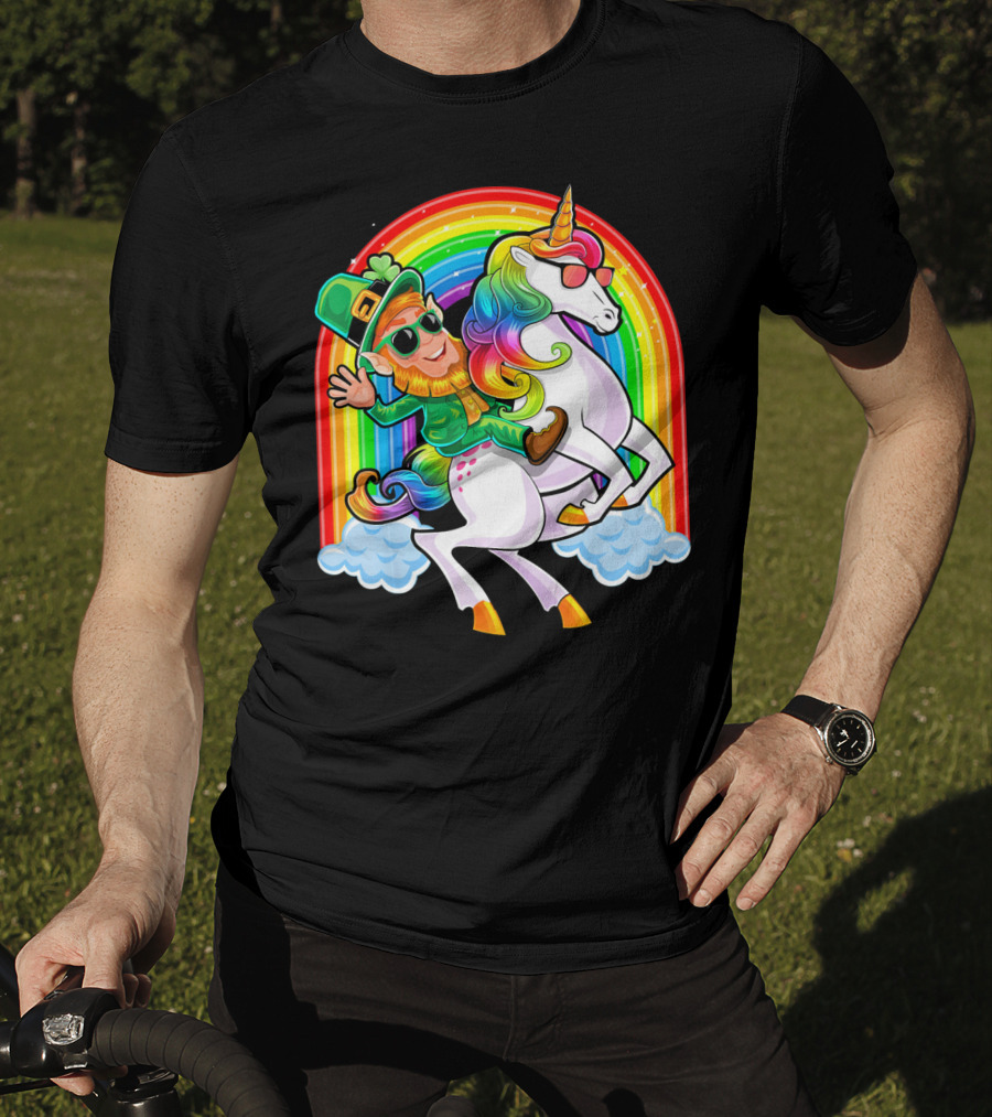 St Patricks Day Rainbow Unicorn And Leprechaun Riding Clouds T-Shirt