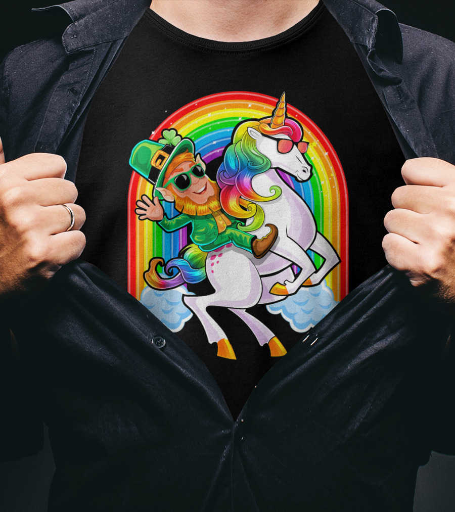 St Patricks Day Rainbow Unicorn And Leprechaun Riding Clouds T-Shirt
