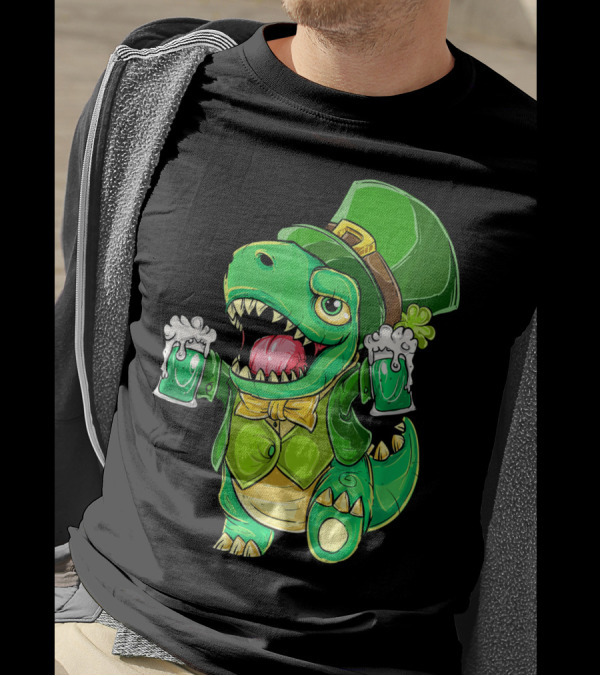 St Patricks Day Irish Dinosaur Holding Two Beers In Green Outfit And Hat T-Shirt