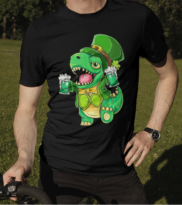 St Patricks Day Irish Dinosaur Holding Two Beers In Green Outfit And Hat T-Shirt