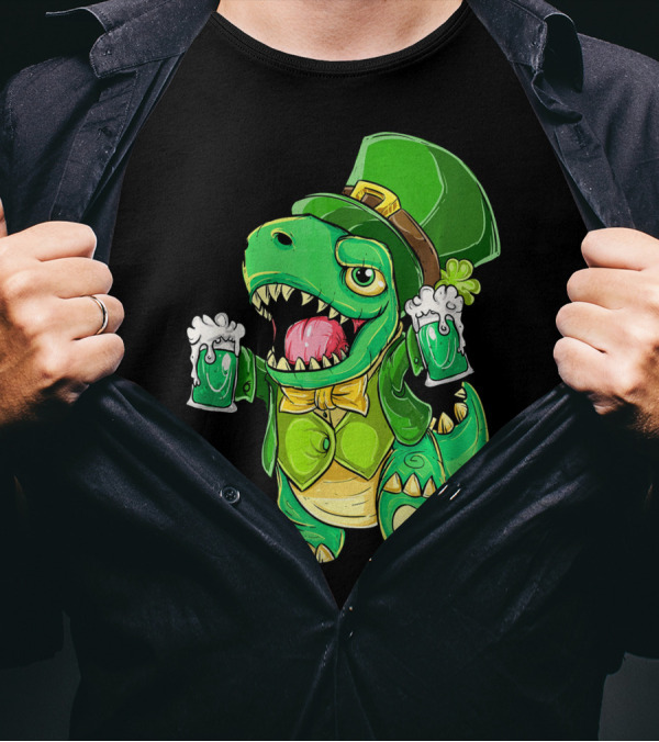 St Patricks Day Irish Dinosaur Holding Two Beers In Green Outfit And Hat T-Shirt