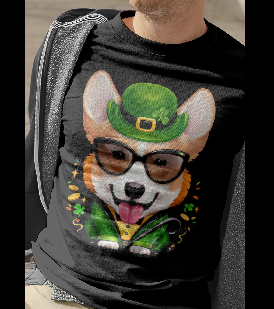 Welsh Corgi In Leprechaun Outfit With Sunglasses And Shamrocks T-Shirt