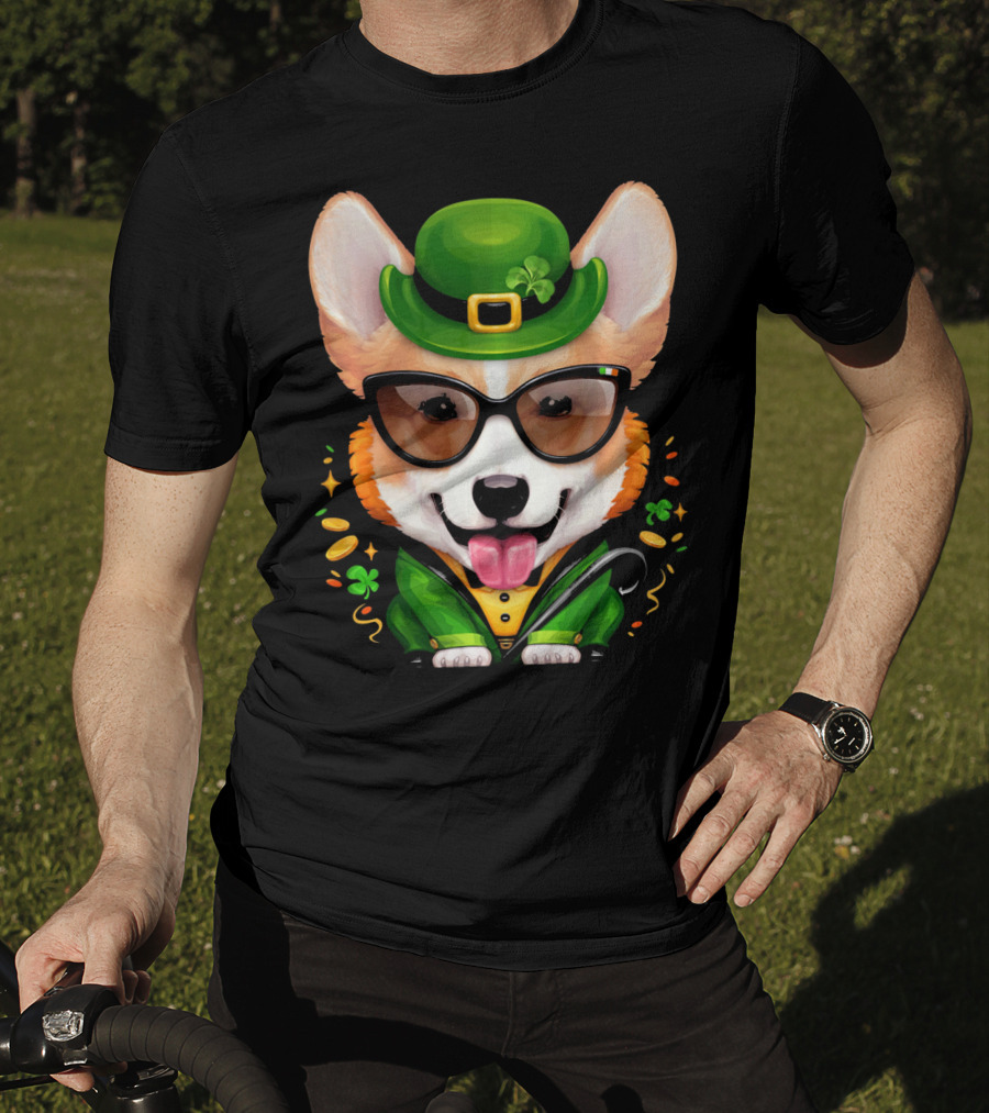 Welsh Corgi In Leprechaun Outfit With Sunglasses And Shamrocks T-Shirt