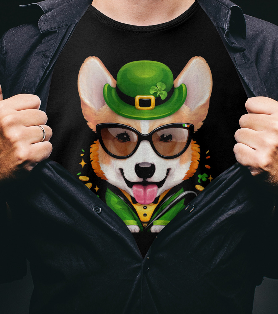 Welsh Corgi In Leprechaun Outfit With Sunglasses And Shamrocks T-Shirt