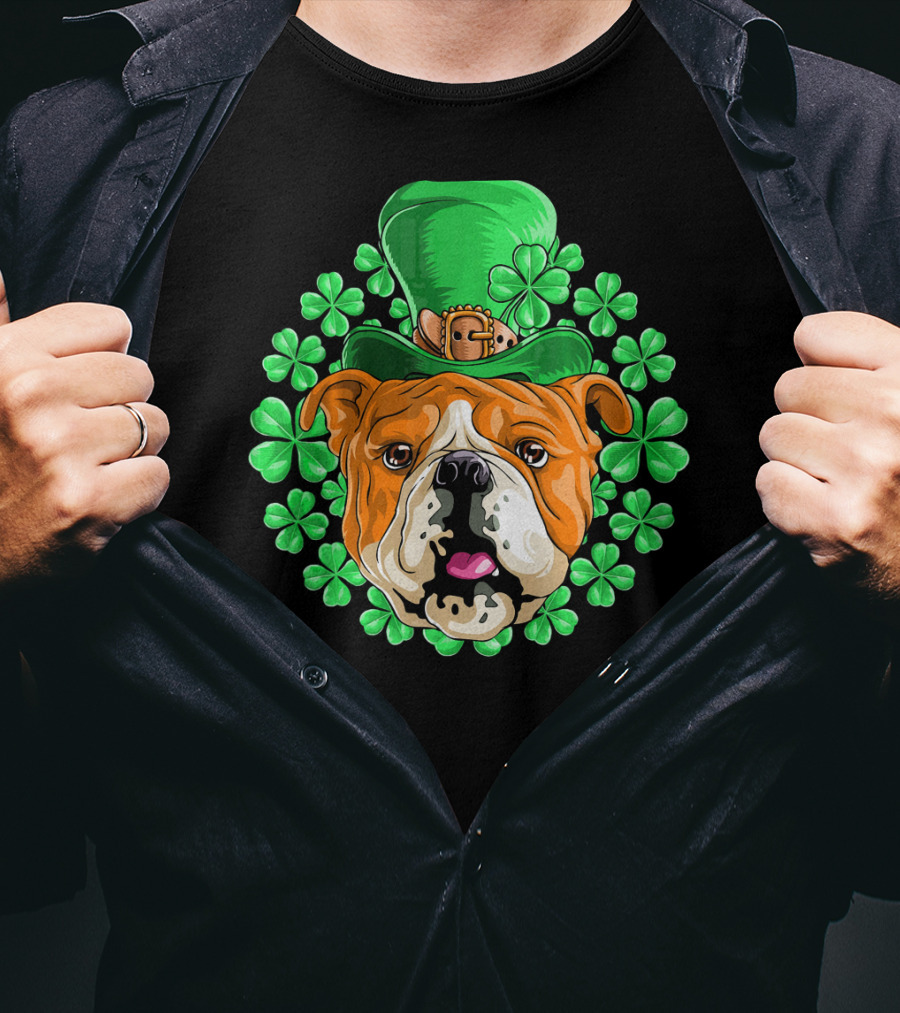 English Bulldog In Leprechaun Hat With Clover Background T-Shirt