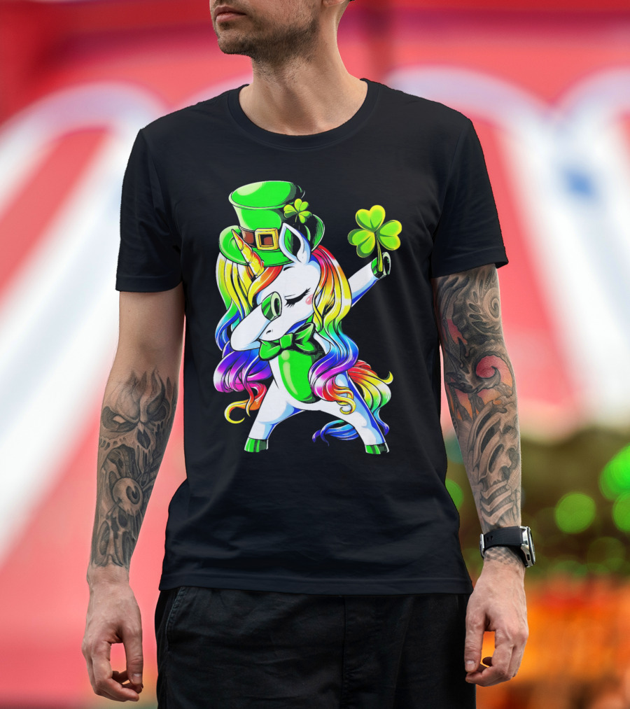 Dabbing Unicorn with Rainbow Mane and Shamrock Hat T-Shirt