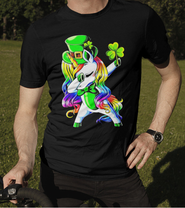 Dabbing Unicorn With Rainbow Mane And Shamrock Hat T-Shirt