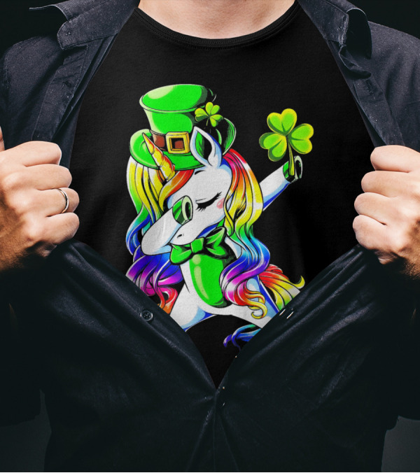 Dabbing Unicorn With Rainbow Mane And Shamrock Hat T-Shirt