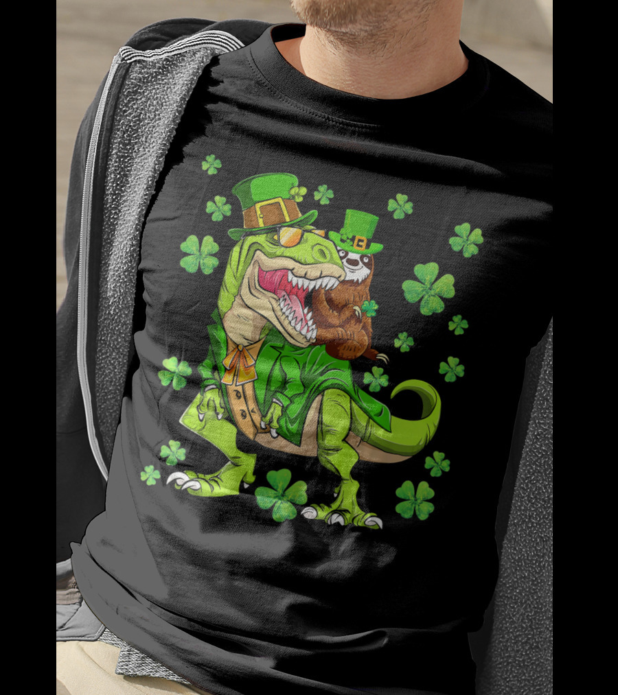 Leprechaun Sloth With Shamrocks Riding Dinosaur Rex In Green Attire T-Shirt