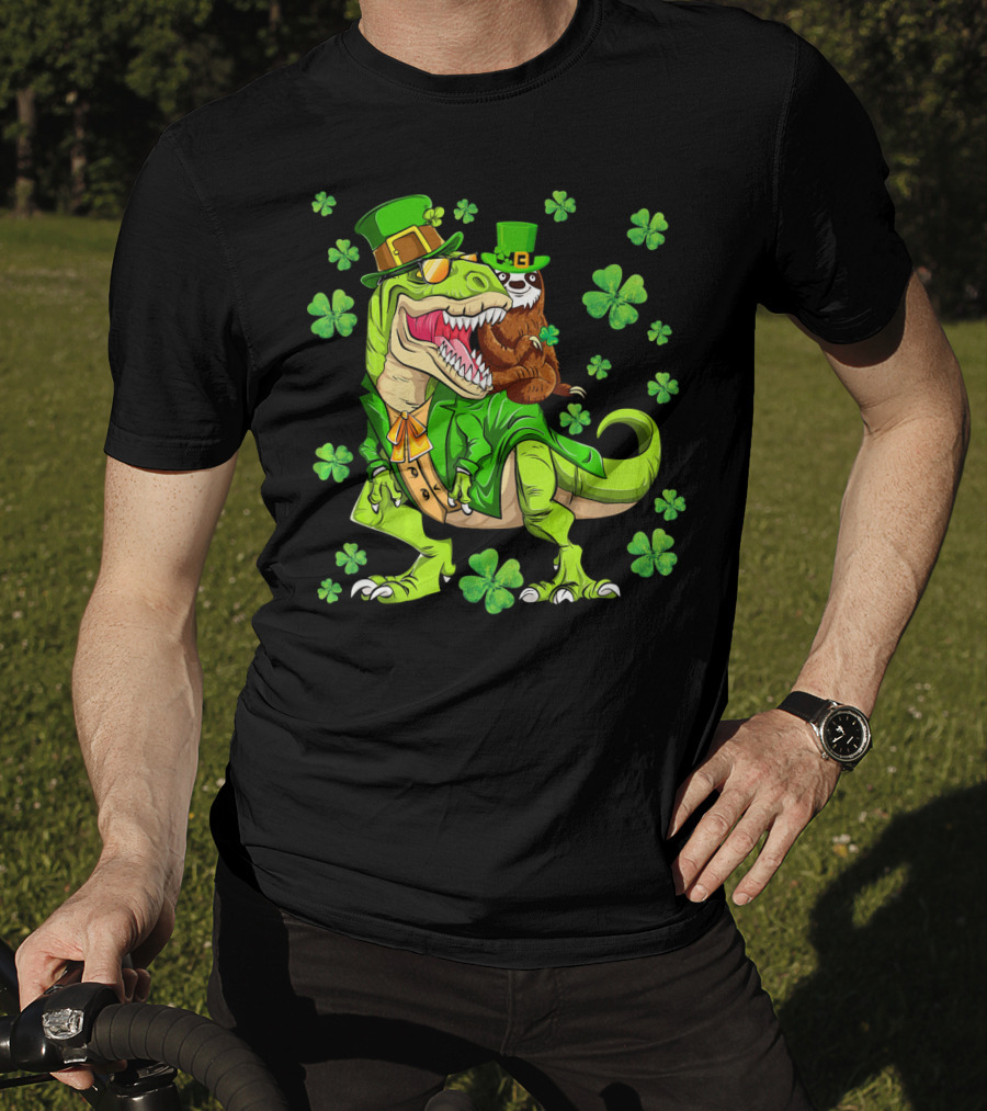 Leprechaun Sloth With Shamrocks Riding Dinosaur Rex In Green Attire T-Shirt