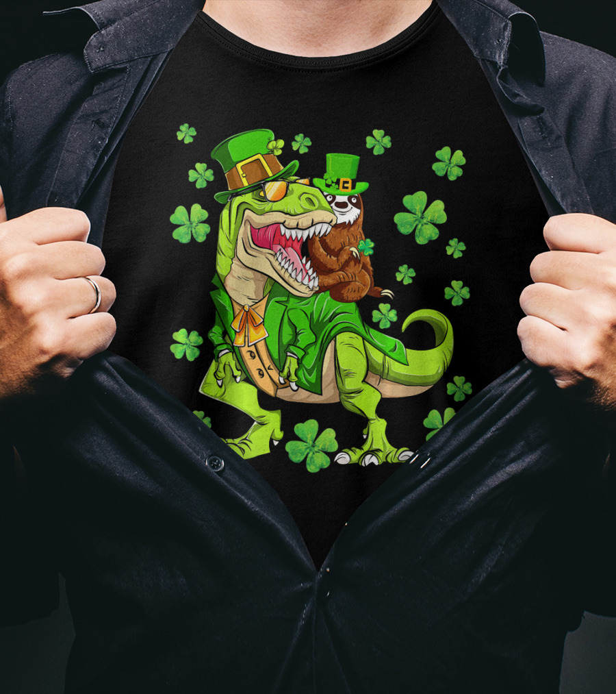 Leprechaun Sloth With Shamrocks Riding Dinosaur Rex In Green Attire T-Shirt