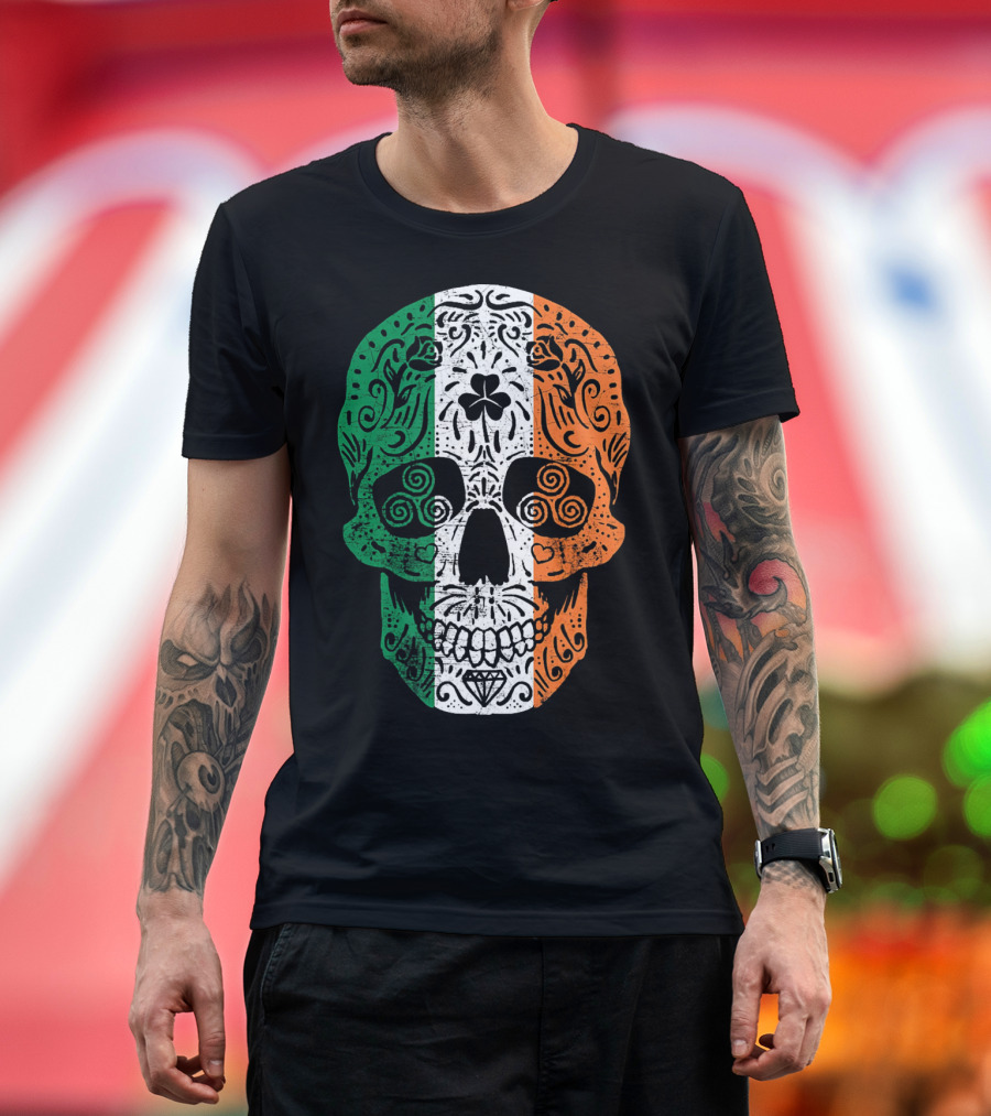 Irish Flag Sugar Skull Shamrock St Patricks T-Shirt