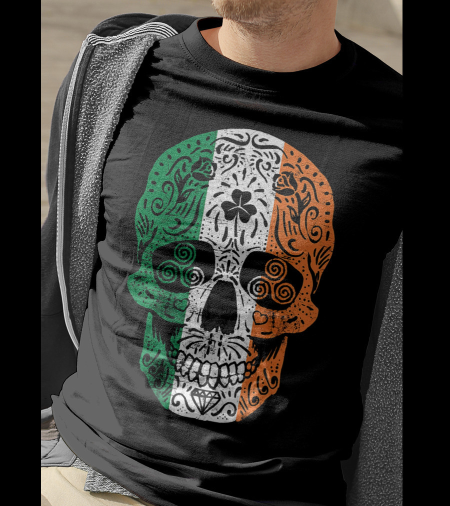 Irish Flag Sugar Skull Shamrock St Patricks T-Shirt