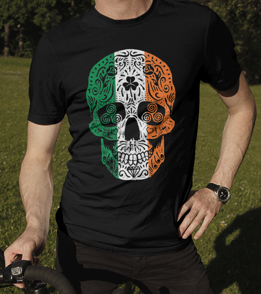 Irish Flag Sugar Skull Shamrock St Patricks T-Shirt