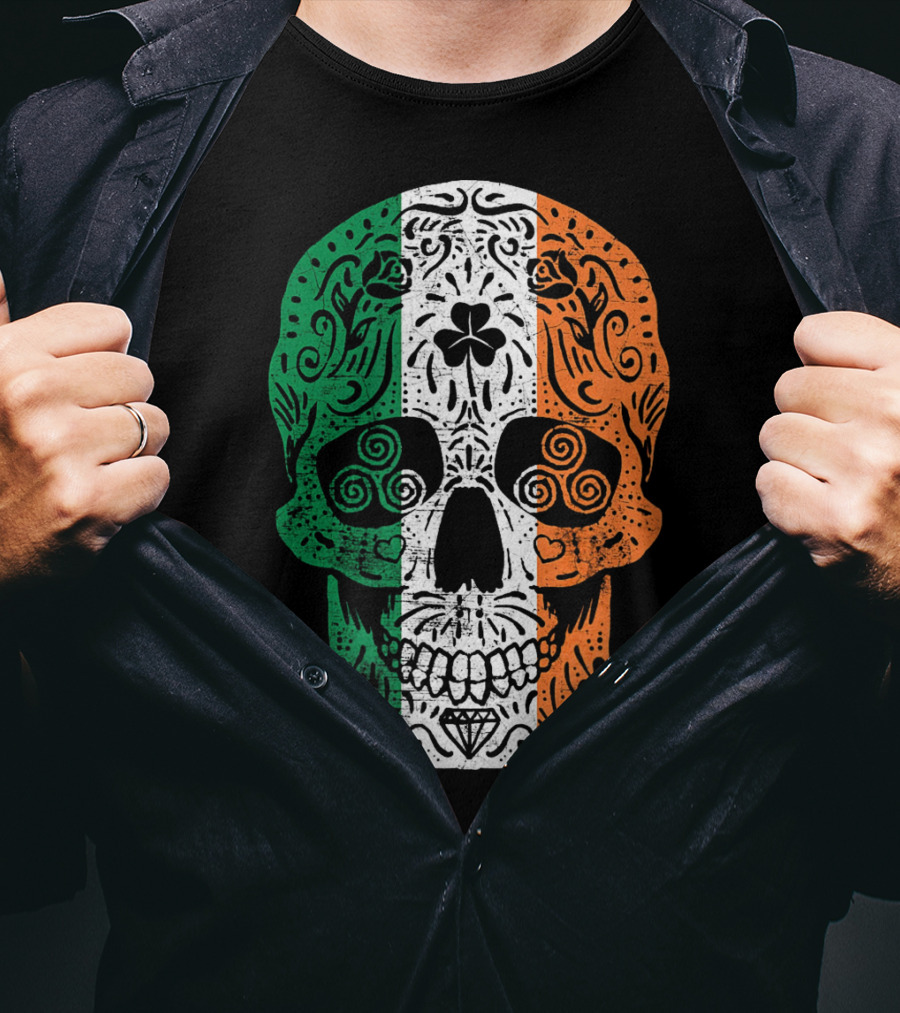 Irish Flag Sugar Skull Shamrock St Patricks T-Shirt