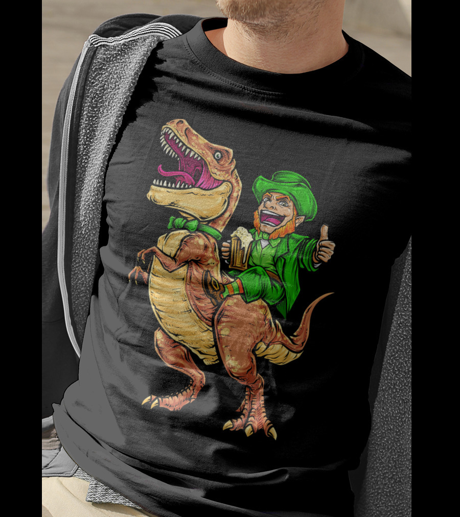 St. Patricks Day Lucky Leprechaun Riding Dinosaur With Beer T-Shirt