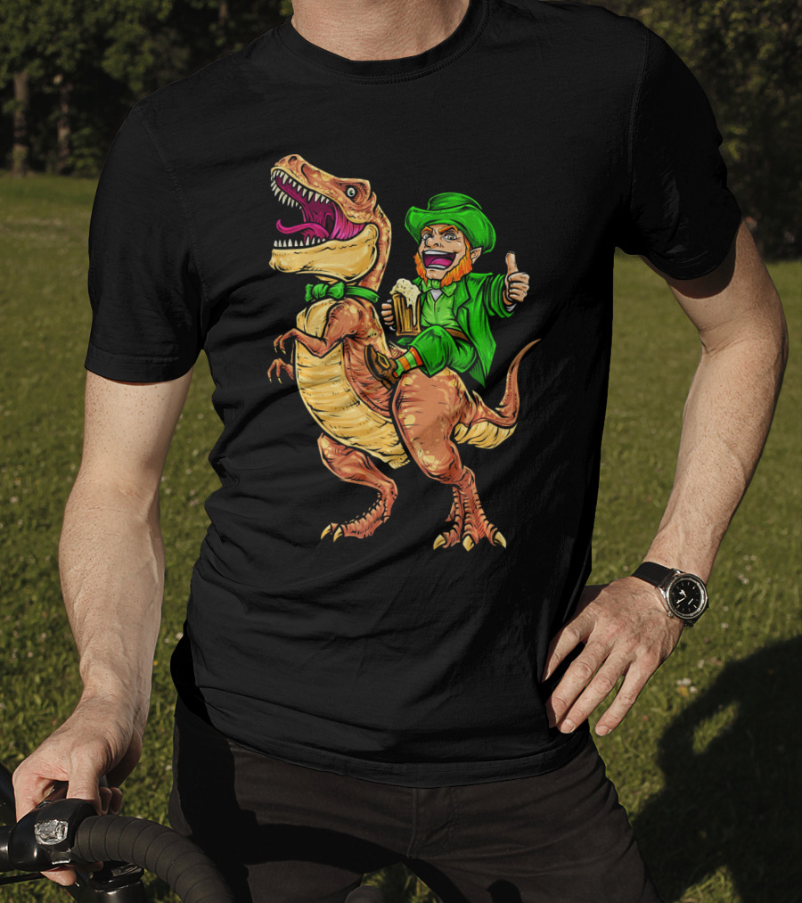 St. Patricks Day Lucky Leprechaun Riding Dinosaur With Beer T-Shirt