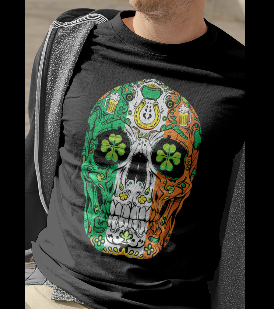 Sugar Skull Irish Leprechaun Shamrock St Patrick's Day T-Shirt
