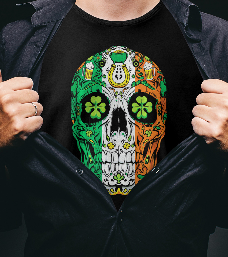 Sugar Skull Irish Leprechaun Shamrock St Patrick's Day T-Shirt