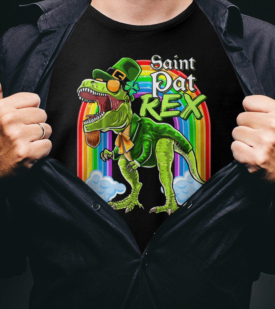Saint Pat Rex Dinosaur Leprechaun Rainbow T-Shirt