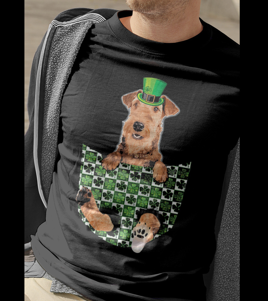 Airedale Terrier Pocket Patrick Hat Green Shamrocks T-Shirt