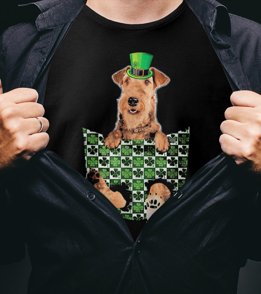Airedale Terrier Pocket Patrick Hat Green Shamrocks T-Shirt