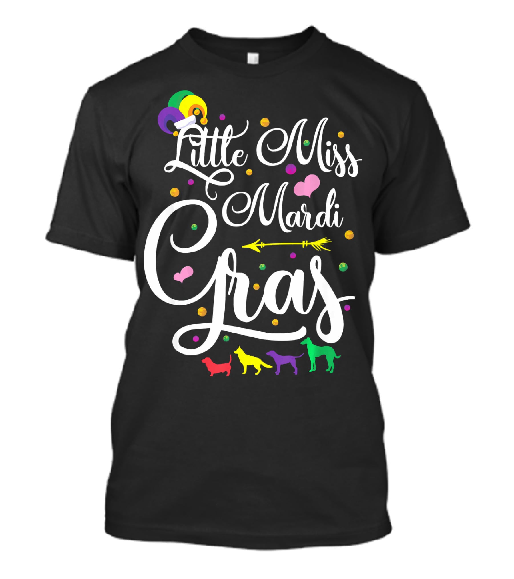 Little Miss Mardi Gras Dogs Hearts Beads Arrow Text T-Shirt