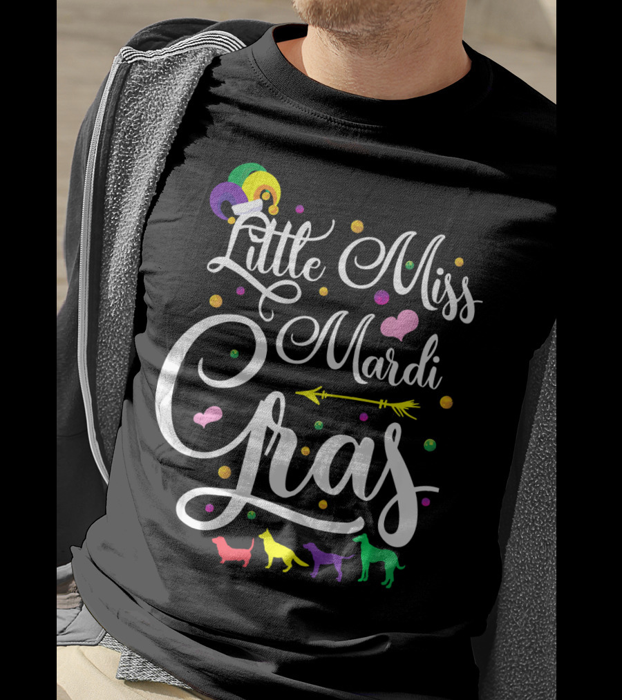Little Miss Mardi Gras Dogs Hearts Beads Arrow Text T-Shirt