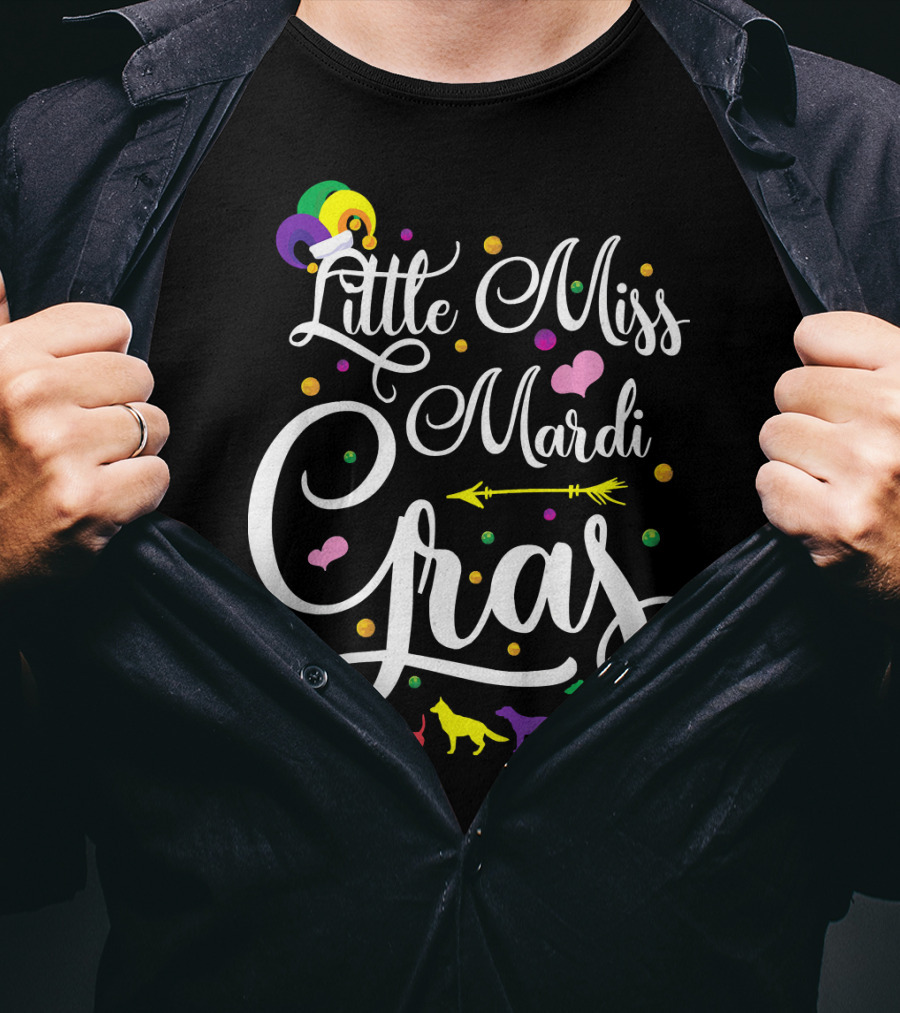 Little Miss Mardi Gras Dogs Hearts Beads Arrow Text T-Shirt