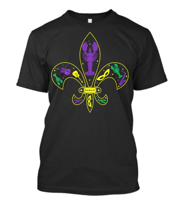 Mardi Gras Bourbon St Fleur-de-Lis Crawfish Violin Mask Skeleton T-Shirt
