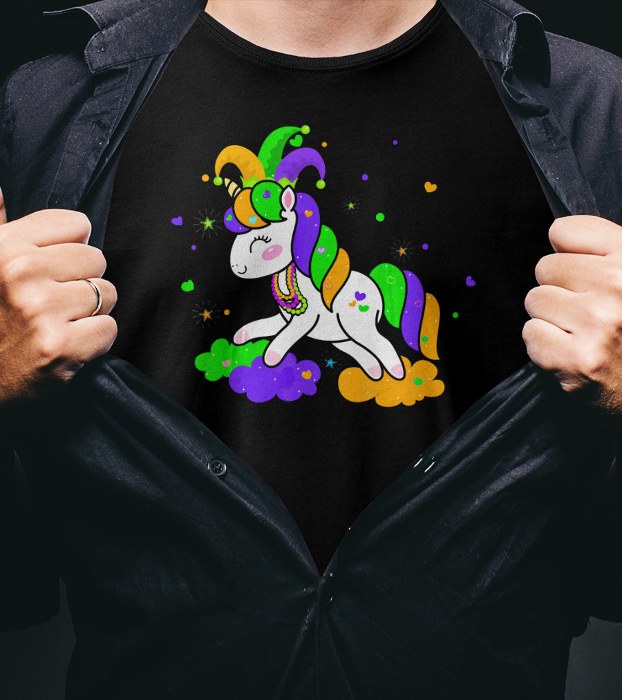 Unicorn Mardi Gras Party Rainbow Mask Beads T-Shirt