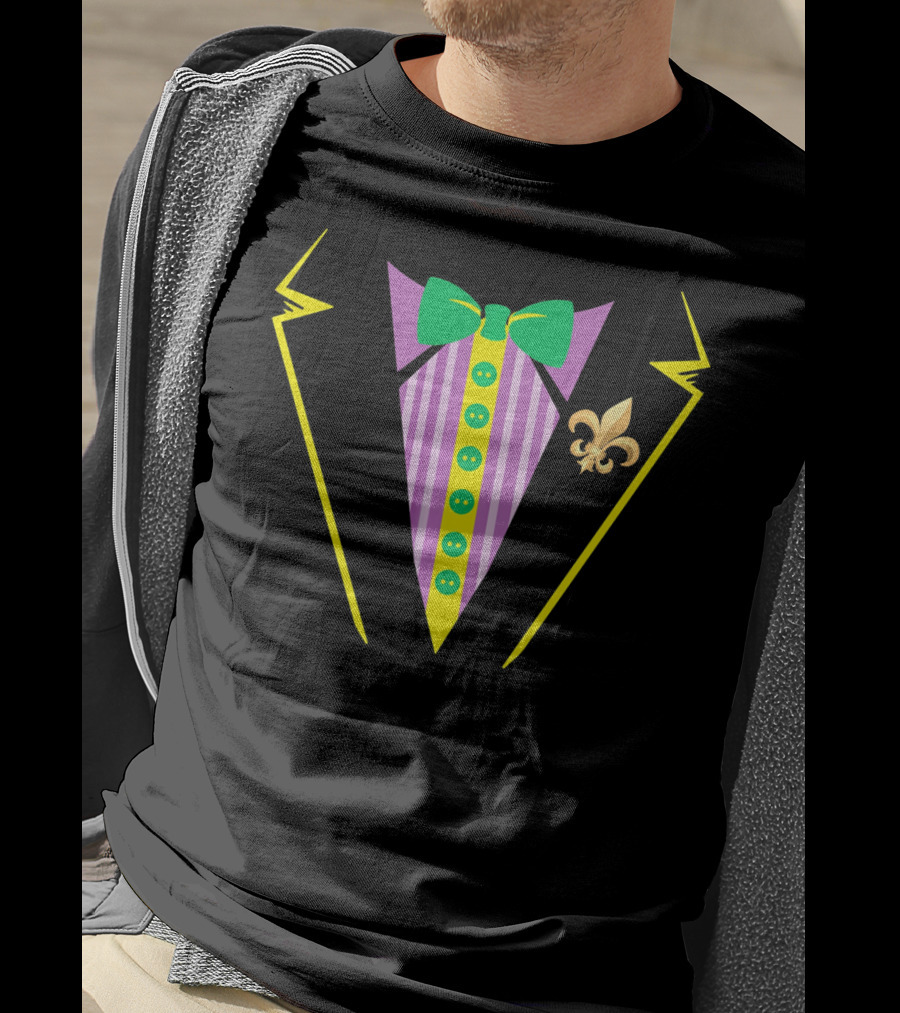 Mardi Gras Tux With Bow Tie And Fleur De Lis Icon For Funny Party T-Shirt