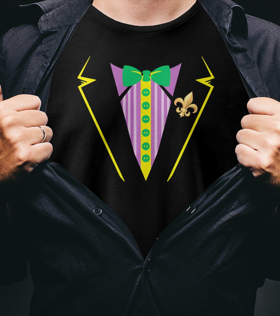 Mardi Gras Tux With Bow Tie And Fleur De Lis Icon For Funny Party T-Shirt
