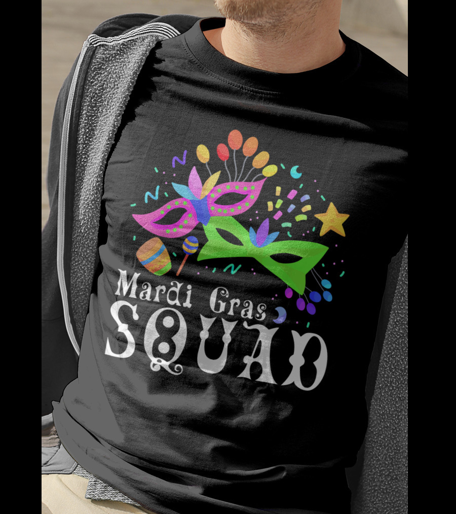 Mardi Gras Squad Mask Beads Confetti Celebration Fun T-Shirt