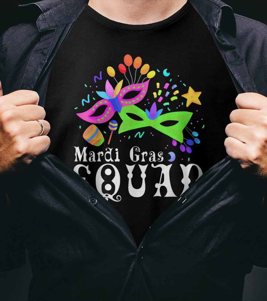 Mardi Gras Squad Mask Beads Confetti Celebration Fun T-Shirt