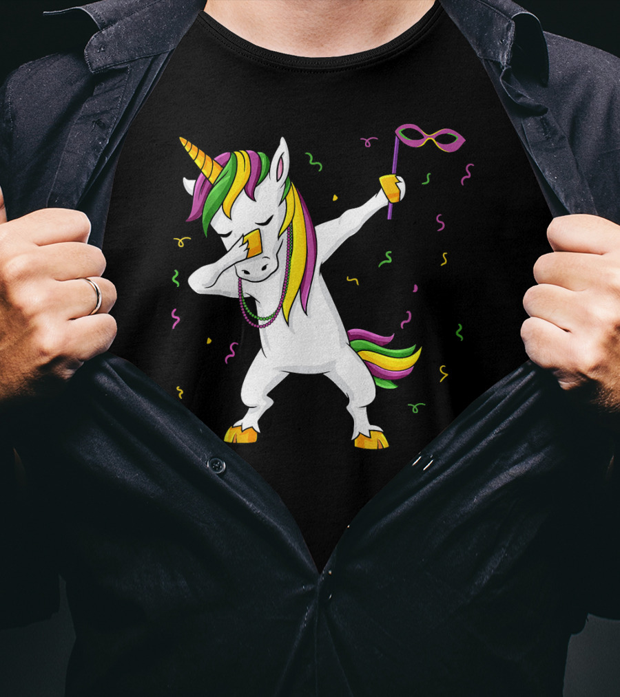 Dabbing Unicorn Mardi Gras Mask Colorful Fun Girls T-Shirt