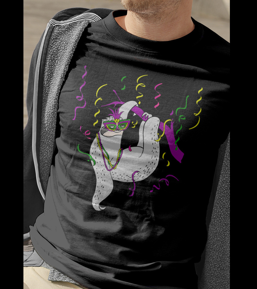 Sloth Mardi Gras Colorful Mask And Beads T-Shirt