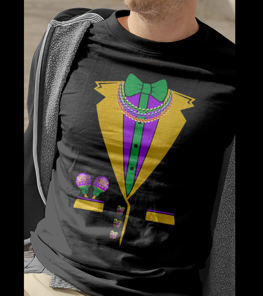 Tuxedo Vest Mardi Gras Beads Bowtie Maracas Costume T-Shirt