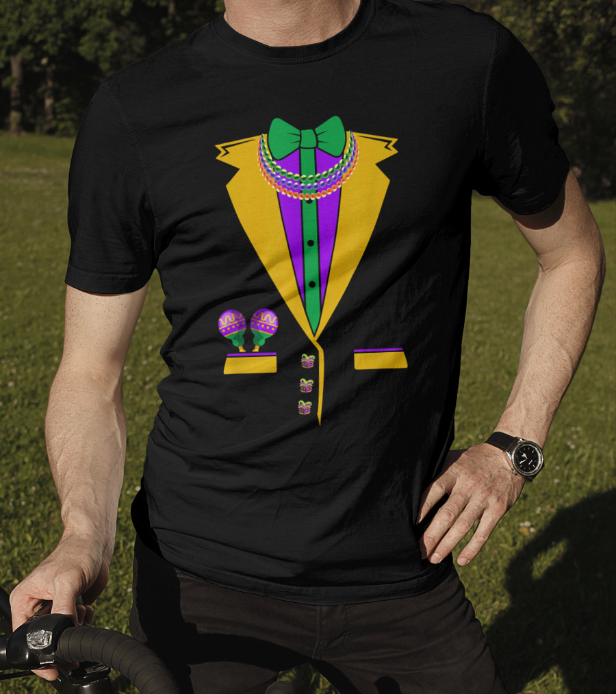 Tuxedo Vest Mardi Gras Beads Bowtie Maracas Costume T-Shirt
