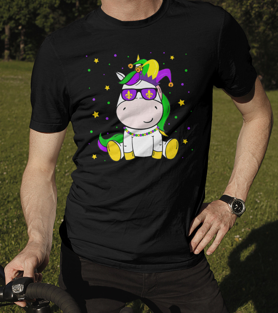 Mardi Gras Unicorn Kids Carnival Festival Jester Fleur-De-Lis Beads T-Shirt