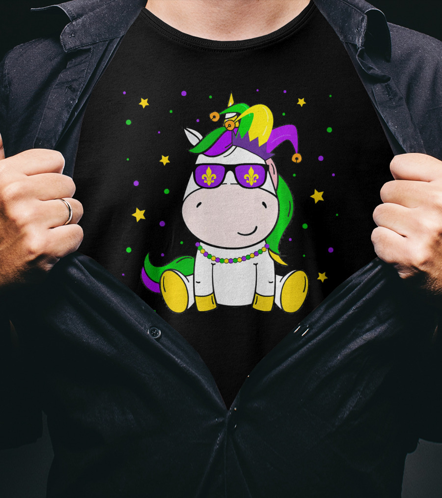 Mardi Gras Unicorn Kids Carnival Festival Jester Fleur-De-Lis Beads T-Shirt