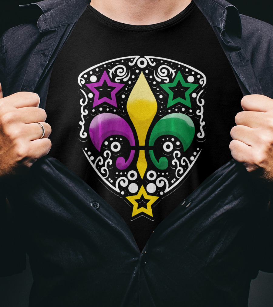 Mardi Gras Fleur De Lis Colorful Stars Lily T-Shirt