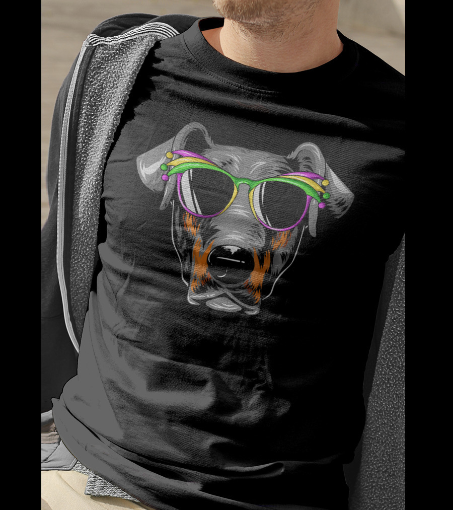 Doberman With Mardi Gras Carnival Mask Sunglasses T-Shirt